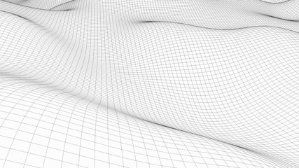 Poster - wavy wireframe with black lines, liquid surface imitation, 3d rendering computer generated backdrop