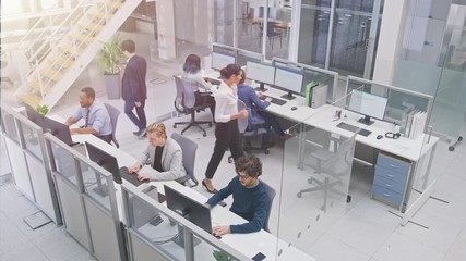Aufkleber - Diverse Multinational Team of Business Managers and Specialists Work on Desktop Computers, Have Discussion with Colleagues. Young and Motivated Business People in Modern Open Office. Shot from Above.
