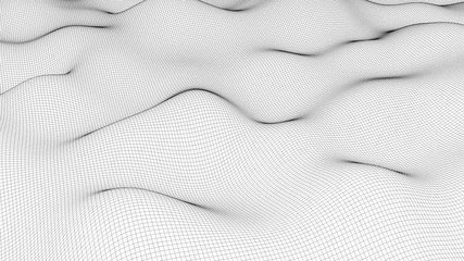 Poster - wavy wireframe with black lines, liquid surface imitation, 3d rendering computer generated backdrop