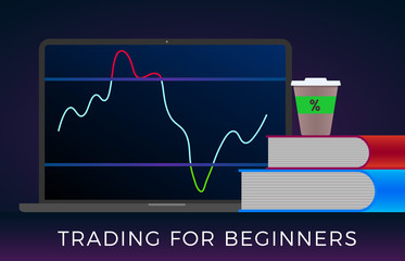 Training trading for beginners in financial stock markets, forex or cryptocurrencies concept. A laptop with trade rsi indicator on the screen and two learning books in the foreground