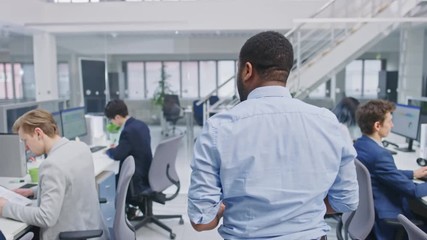 Poster - Back Shot of a Young Manager Walking Pass His Business Colleagues and Supervise Their Work. Diverse and Motivated Business People Work on Computers in Modern Open Office.