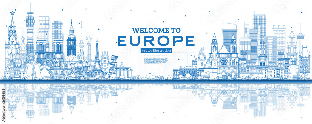 Outline Welcome to Europe Skyline with Blue Buildings. - obrazy, fototapety, plakaty 