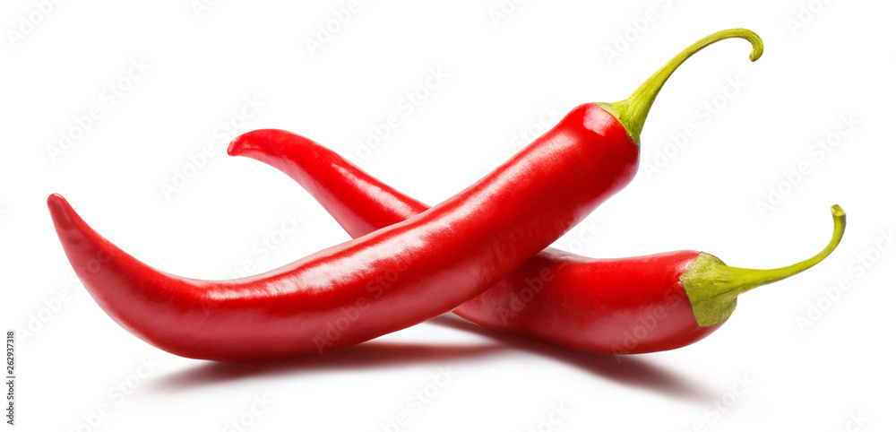 Two red chili peppers, isolated on white background - obrazy, fototapety, plakaty 