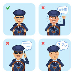 Illustration of a chauffeur showing what to do and what not to do while driving. Talking on the phone while driving, sleeping, shouting. Flat style vector illustration