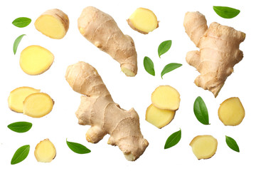 Wall Mural - sliced ginger with leaves isolated on white background top view