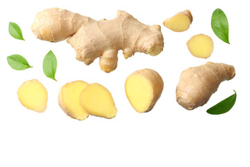 Sticker - sliced ginger with leaves isolated on white background top view