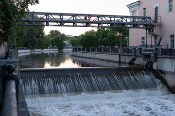 Dam on the river. Waterworks.