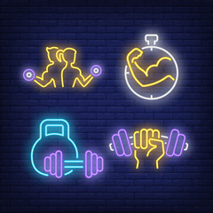 Gym neon sign set. Athletes with dumbbells