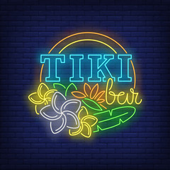 Wall Mural - Tiki bar neon text with flowers
