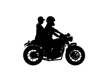 Wall Mural -  silhouette lover couple ride classic motorcycle on white background