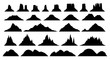 Silhouettes of different mountain types , big vector set, illustrations of plateau, hill, rock, highland, volcano silhouettes isolated on white