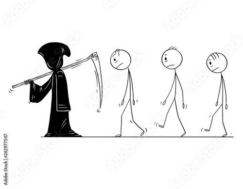 Fotomural Cartoon stick figure drawing conceptual illustration of grim reaper with scythe and in black hood and group of dead men or people following him