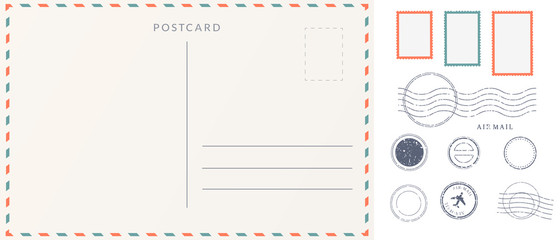 Elements for empty postcard back. Postage stamps and imprints. Travel card design set.