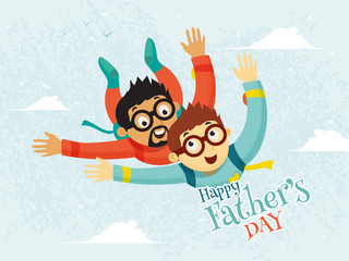 Poster - Father and son duo enjoying skydiving on abstract cloudy background for Happy Father's Day celebration.