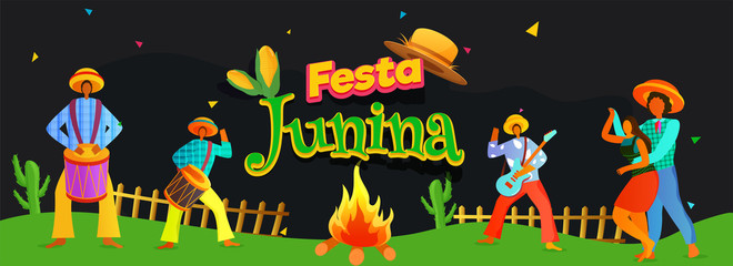Wall Mural - Website header or banner design with illustration of Brazilian dancing couple and men playing music instrument for Festa Junina celebration concept.