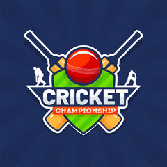 Poster - Sticker style text Cricket Championship with cricket equipments and shield on blue rays background.