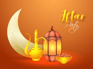 Wall Mural - Elegant banner or poster design with illustration of food, jug and lantern for Islamic Holy Month Fasting, Iftar party celebration.