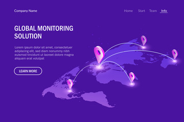 Global monitoring system. Global communications. Virtual world map. Modern vector illustration isometric style.