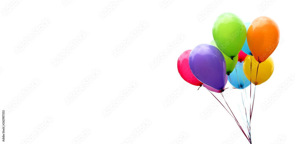 Colorful balloons isolated on white, banner, header, headline, panorama, copy space - obrazy, fototapety, plakaty 