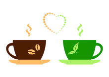 Brown Cup Of Coffee And Green Cup Of Tea, And Heart. Vector Illustration