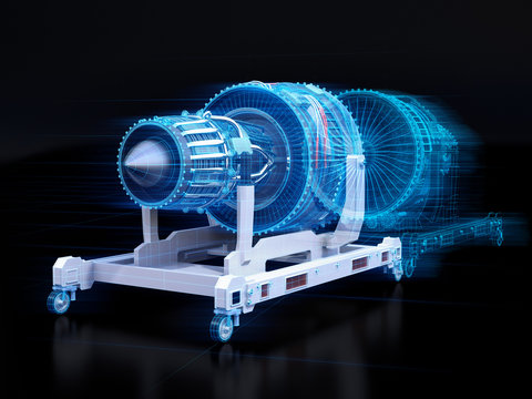 Wireframe rendering of turbojet engine and mirrored physical body on black background. Digital twin concept. 3D rendering image.