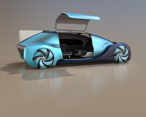 Wall Mural - Self driving electric car on gradient background. Right door opened and front seats turned backward. 3D rendering image.