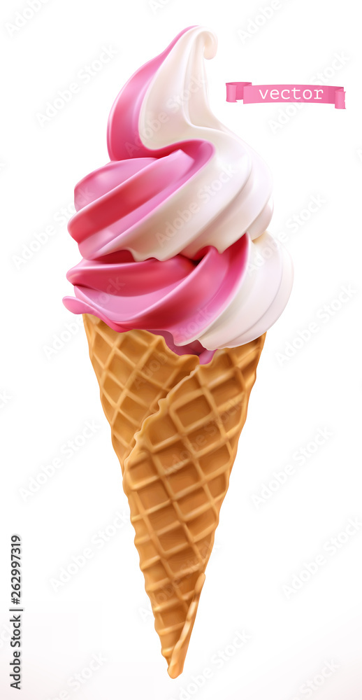 Soft serve ice cream in wafer style cone. 3d realistic vector icon - obrazy, fototapety, plakaty 
