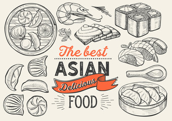 Asian illustrations - sushi, dim sum, noodle, gyoza for chinese restaurant. 