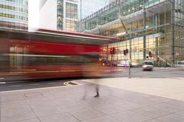 London, UK, january 2019. A double decker bus passes in the streets of Canary wharf district 