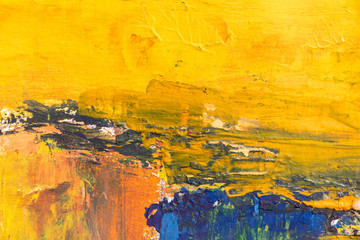 Canvas Print - Texture of bright strokes of cracked yellow and blue paint on the wall surface. Empty background.