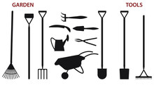 Gardening Tools Silhouette - Shovels, Rakes, Wheelbarrow, Watering Can, Pruner - Isolated On White Background - Flat Style - Vector.