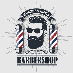 Wall Mural - Barber Shop Logo with barber pole in vintage style. Vector template