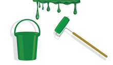 Paint Roller, Bucket, Dripping Drops Of Green Paint - Isolated On White Background - Flat Style - Vector