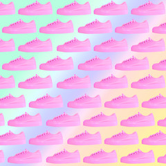 Poster - Modern art collage of fashionable pink sneakers. Awesome pattern on rainbow gradient background