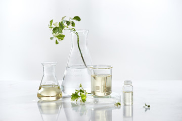 Wall Mural - natural cosmetic skincare serum packaging with leaf, home made oil and beauty vitamin ingredient.org
