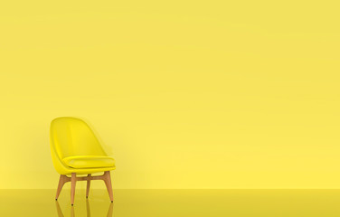 bright yellow chair is standing in an empty yellow room with a yellow floor concept. 3d illustration