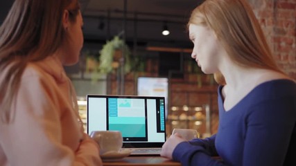 Wall Mural - Side view of young website designer presenting to businesswoman templates for different devices on laptop screen over cup of coffee in cafe (ATTN templates designed by ME)