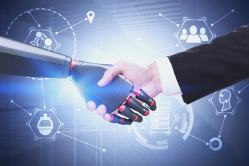 Poster - Man and robot shaking hands, AI concept