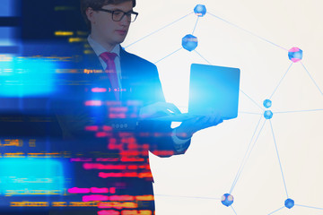 Poster - Man in glasses with laptop writing code