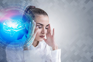 Poster - Stressed woman and digital brain hologram