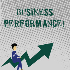 Fototapete - Handwriting text writing Business Perforanalysisce. Conceptual photo determining how the business can reach better its goals Businessman with Eyeglasses Riding Crooked Color Arrow Pointing Going Up