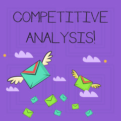 Fototapete - Writing note showing Competitive Analysis. Business concept for Strategic technique used to evaluate outside competitor Colorful Airmail Letter Envelopes and Two of Them with Wings