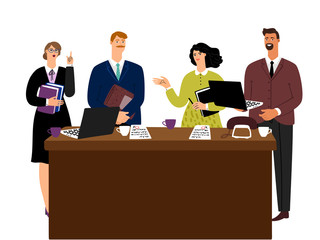 Poster - Business meeting man and woman negotiations vector concept. Business partnership and teamwork, office negotiation about contract illustration