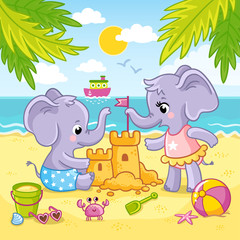 Wall Mural - Baby elephants are playing in the sand on the beach against the backdrop of the sea and the ship