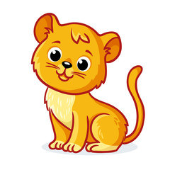 Wall Mural - Young lion cub sits on a white background. Cute animal in cartoon style.