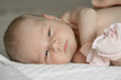 © kapichka - Closeup portrait of cute newborn baby lying down in the bed at home, smiling face, happy childhood, new life concept