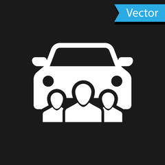 White Car sharing with group of people icon isolated on black background. Carsharing sign. Transport renting service concept. Vector Illustration