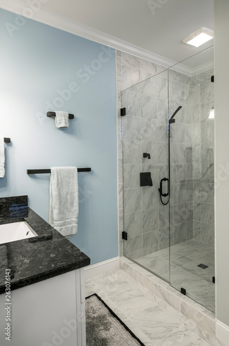Modern Bathroom With Glass Shower And Marble Tile Blue Wall This Stock Photo Explore Similar Images At Adobe - Gray Tile Blue Walls Bathroom Modern Bathroom With Glass Shower And Marble Tile Blue Wall This Stock Photo Explore Similar Images At Adobe - Gray Tile Blue Walls Bathroom