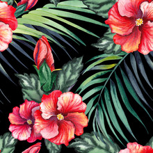 Seamless Pattern With Red Hibiscus Flowers And Tropical Palm Leaves. Watercolor On Black Background.