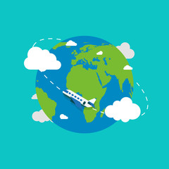 Wall Mural - Earth globe with plane. Earth in flat style. Plane flying. Earth. Vector